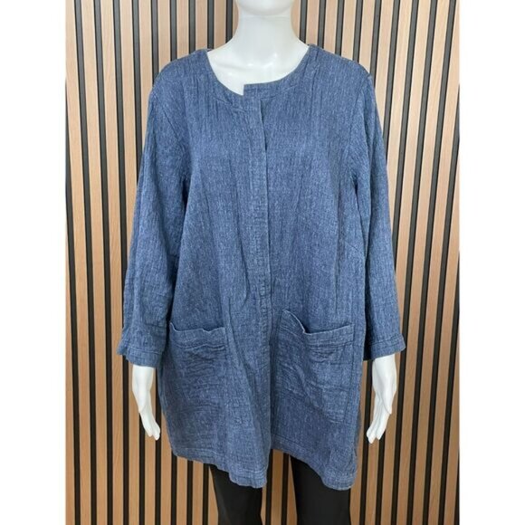 Eileen Fisher Women's 3X Blue Sweater Organic Cotton Linen Cardigan Open Front - Picture 1 of 9